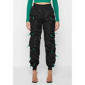 Maniere De Voir Nylon Bungee Ruched Cargo Pants in Black/Green, Size 2
